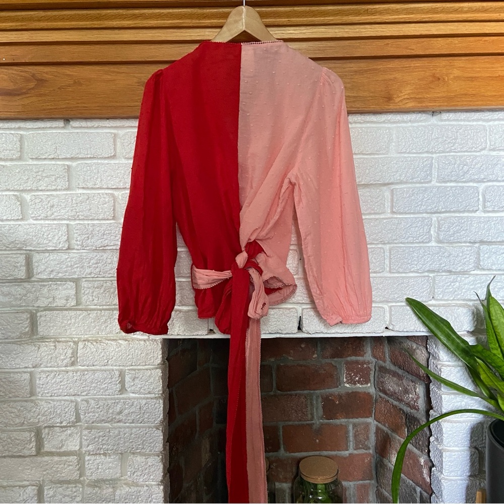 Farm Rio Red & Pink Color-Blocked Wrap Blouse